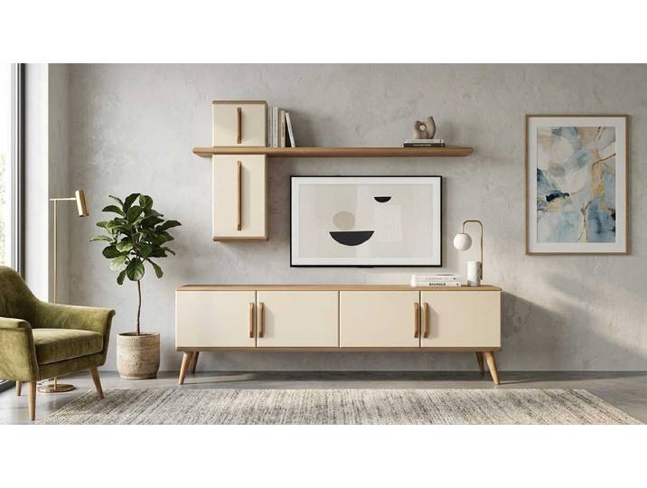 JVmoebel Wohnzimmer-Set Wohnzimmer Set Beige Modern Luxus Tv Lowboard Wandregal, (2-St., 2-tlg)