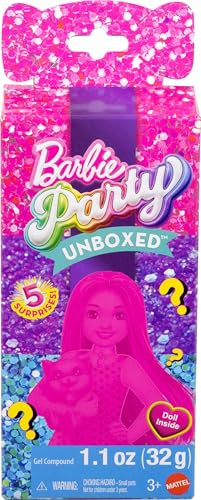 Barbie Chelsea Party Unboxed Glam Partyserie poppenset met 6 verrassingen en huisdier, JFY04