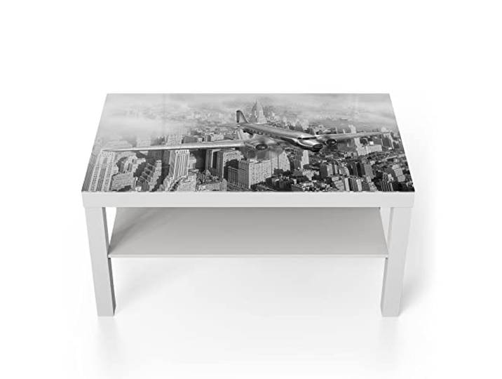 DEQORI Glastisch weiß groß 90x50 cm Motiv Flugzeug über Stadt ausgefallener Beistelltisch aus Glas Hochglanz Couchtisch fürs Wohnzimmer moderner Couch Tisch mit Design