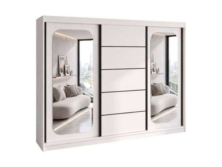 A&J MöbelLand BELANO Kleiderschrank mit Spiegel, Schwebetürenschrank 200 x 215 x 59,5 cm, Kleiderstangen und Einlegeböden, Weiß, Basic