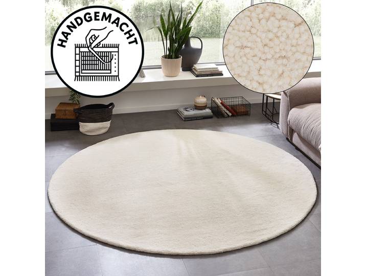 Wollteppich GOODPRODUCT Gabbo Natur, Handgefertigt, Teppich, reine Wolle, meliert Gr. 10, beige (natur), H:14mm Ø:200cm, Wolle, Teppiche, Wollteppich, reine Wolle, Uni, Wohnzimmer, Schlafzimmer, Esszimmer