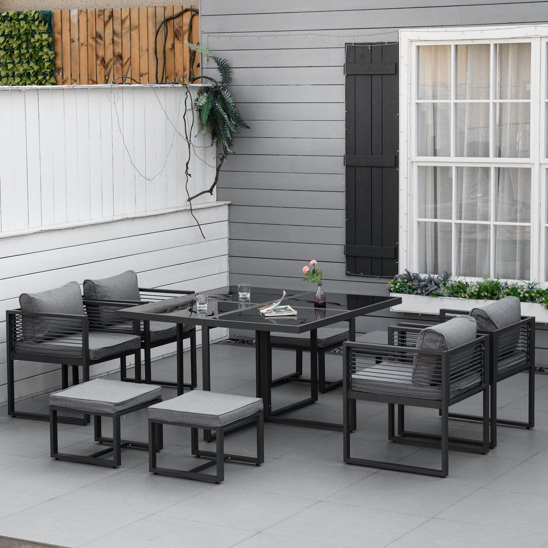 Ebern Designs Bodhild 9 Pieces Garden Dining Set with Cushion, 8 Seater Cube Set, Grey Grey 8