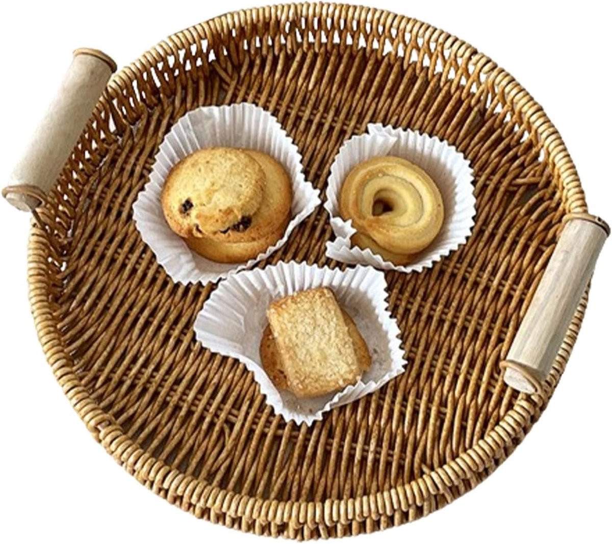Rond Rotan Dienblad - Handgeweven Mand Serveerschaal voor Ontbijt - Natuurlijk - Diameter: 28 cm