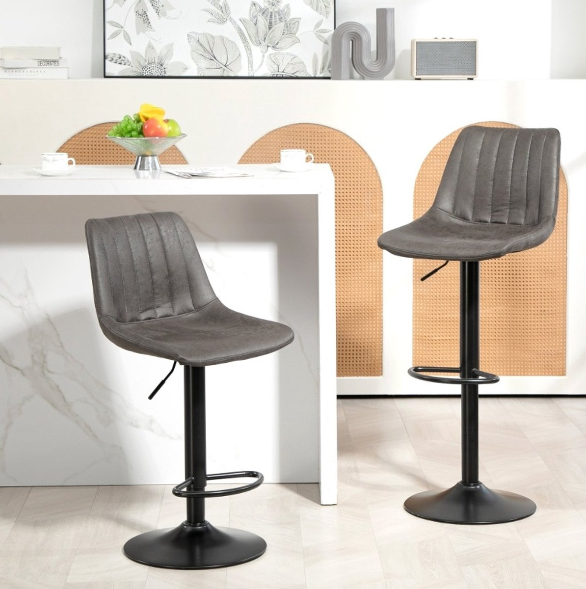DESMIU Barkruk Set van 2 - Retrodesign met Verstelbare Hoogte en Voetensteun - Donkergrijs Metaal