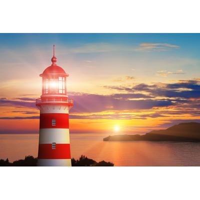 Fototapete PAPERMOON "LEUCHTTURM-SONNENUNTERGANG WIESE MEER OZEAN KÜSTE BERGE", bunt, B:4,5m L:2,8m, Vlies, Tapeten