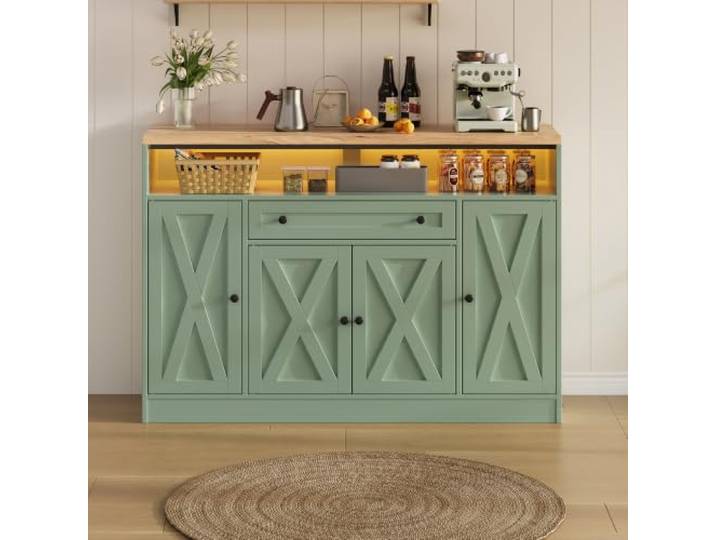 Merax Sideboard, Küchenschrank mit Scheunentor-Design & LED-Beleuchtung, Vorratsschrank mit Schublade und Türablagen, Küche, Esszimmer & Wohnzimmer, 35x140x95cm, Grün