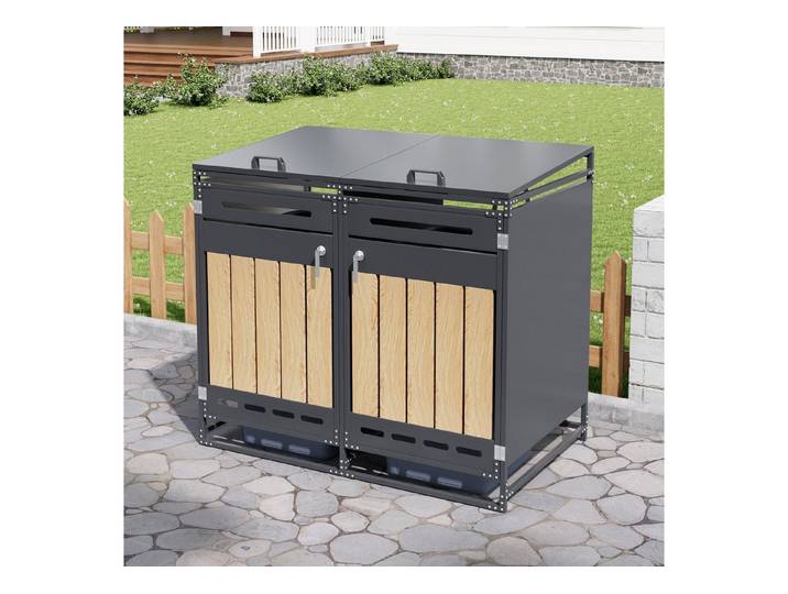 HAUSS SPOLE Mülleimer mit Pflanzkasten,Mülltonnenbox mit Schloss und Belüftung für Garten, Garten-Aufbewahrungsschrank mit Holzoptik-Leisten für Garten
