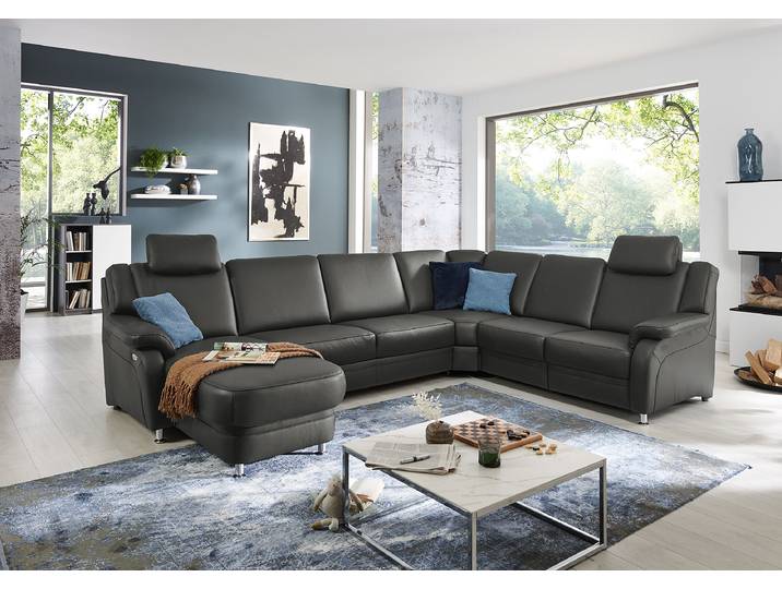 Wohnlandschaft Samento Schwarz Echtleder Tomma 336 x 91 x 239cm Ottomane davorstehend links Kopfstütze verstellbar/Schlaffunktion/Relaxfunktion