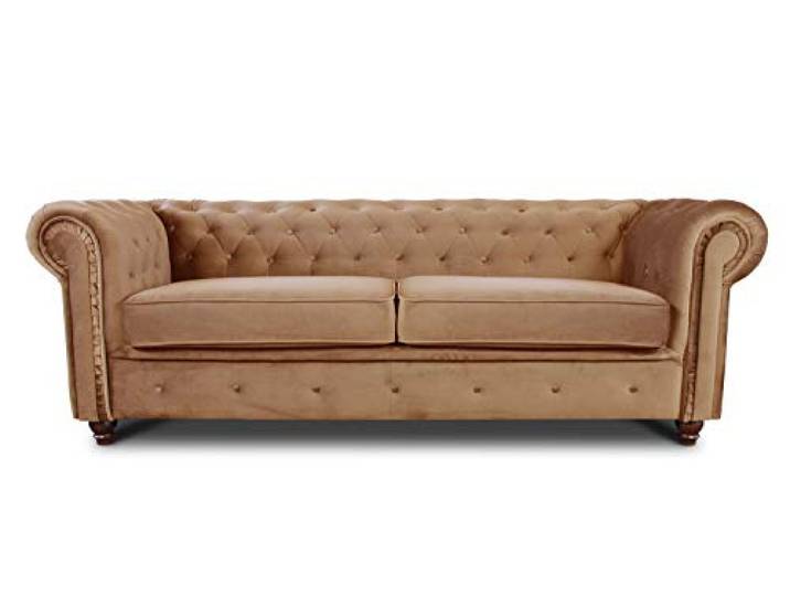 Sofnet - Sofa Chesterfield Asti 3-Sitzer (Beige, Velvet 28) Couchgarnitur, Polstersofa, Glamour Design, Veloursstoff, Holzfüße, komfortabel für Wohnzimmer