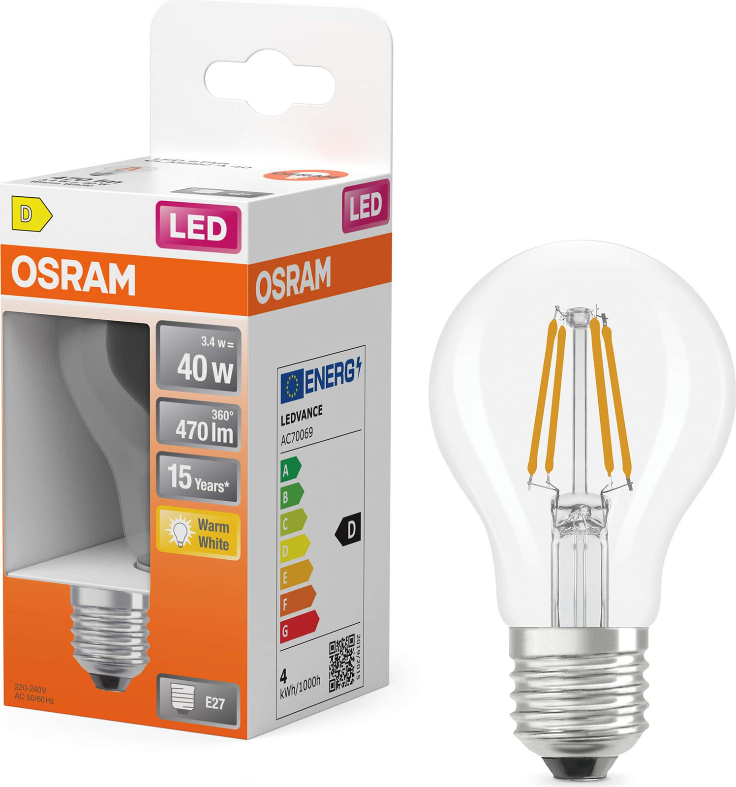 Osram LED Retro GLP.A40 Filamentlamp, E27, Transparant, Set van 6 stuks, 3,4W