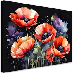 LEINWANDBILD, Rote Mohnblumen auf schwarzem Hintergrund