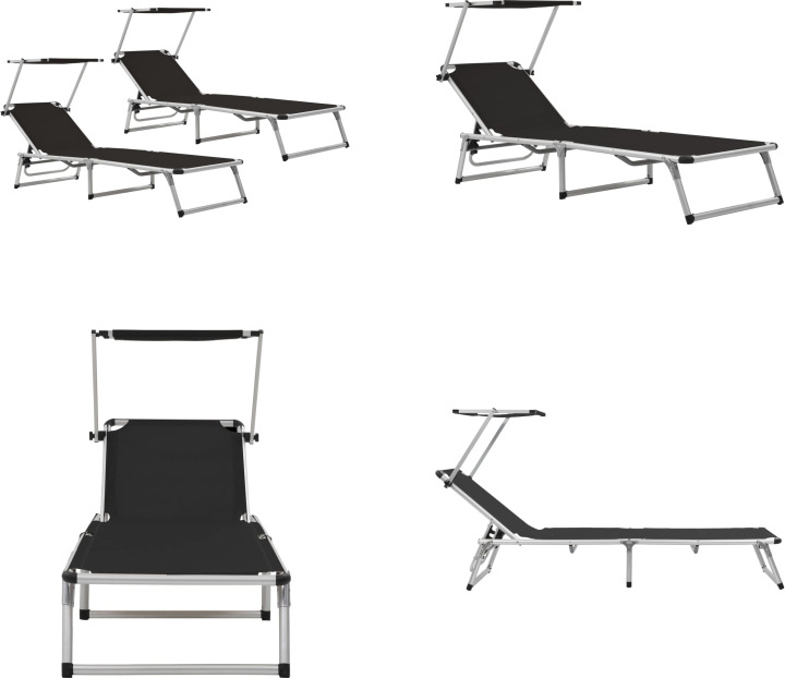 vidaXL Klappbare Sonnenliegen mit Dach 2 Stk. Alu Textilene Schwarz - Gartenliege - Gartenliegen - Sonnenliege - Sonnenliegen