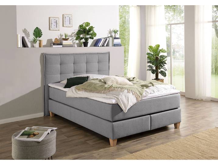 Boxspringbett, Strukturstoff, Grau, 160×209 cm, Komfortschaum-Topper, Klassisch, Home Affaire