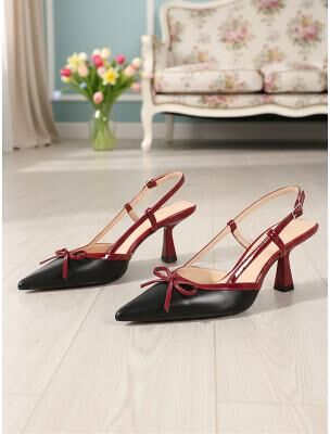 LightInthebox Women's Two-Tone Slingback Pumps - Elegant White and Black Pointed Toe Heels with Bow Detail for City Weddings, Rooftop Parties Formal Wedding Guests