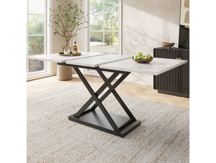 Table à manger télescopique (120-160×80cm), table à manger extractible, table de cuisine peu encombrante, pieds en fer croisé noir