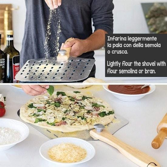 Geperforeerde pizzaschep van dik aluminium met afneembaar houten handvat voor pizza, brood en focaccia