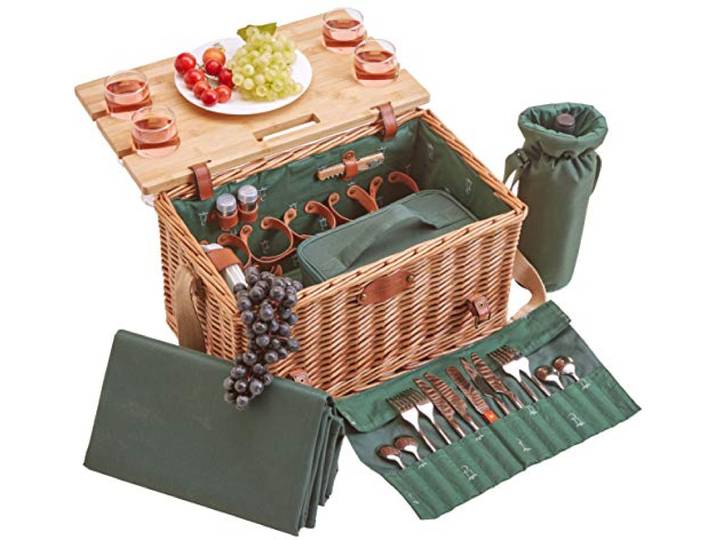 Les Jardins de la Comtesse - Panier Pique-Nique Saint-Honoré Vert - Sangles en Cuir - 4 Personnes - avec Table en Bambou Rabattable - Assiettes en Porcelaine et Verres en Verre - 45 x 28 x 28 cm