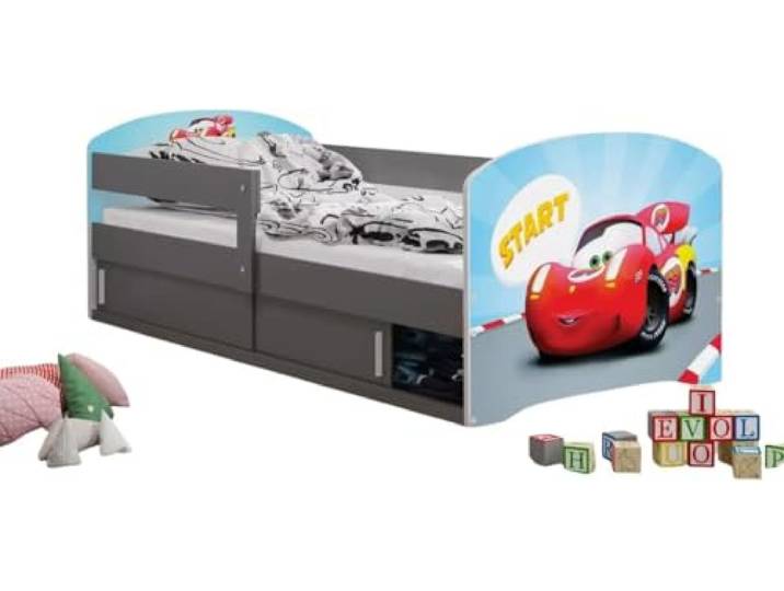 All4All Bett - Kinderbett Leo - 160x80cm - Juniorbett - Kinderzimmer - Bett - mit Stauraum - Cars - Hello Kids - Holzbett - Lattenrost - 20 (Cars mit Grafit Rahmen, mit Matratze)