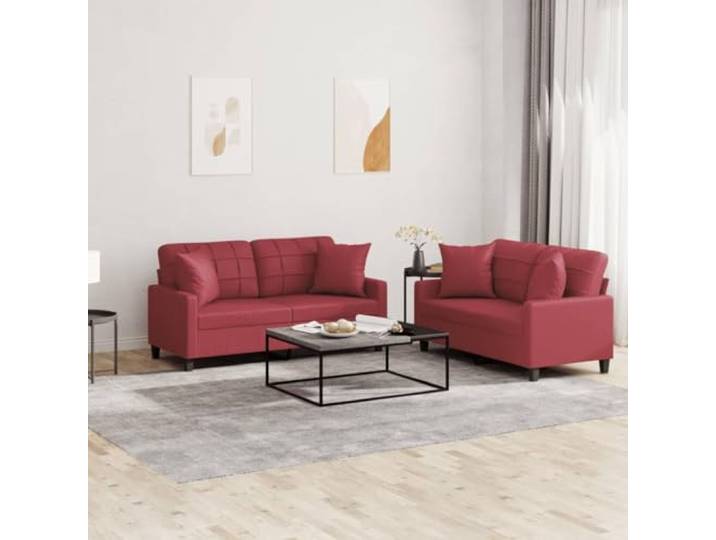 HEFZGDB 2-TLG. Sofagarnitur mit Kissen Weinrot Kunstleder Langlebiges Polstermöbel Schmutzabweisend Robuster Metallgestell Bequeme Sitzflächen Luxuriöses Design Stabiles Sofa Set