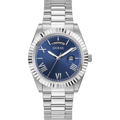 Quarzuhr GUESS "CONNOISSEUR", silber (silberfarben, blau, blau), Armbanduhren, Herren, silberfarben, Quarzuhr, Armbanduhr, Herrenuhr, Datum, Wochentag, Edelstahlarmband