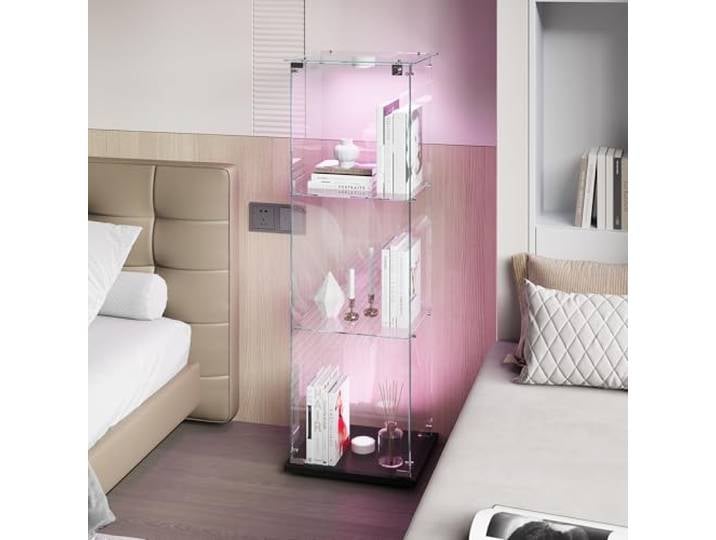 JiaOyu Glasvitrine mit LED-Beleuchtung, Vitrinenschrank mit Schloss, Glasvitrine Staubdicht für Sammlungen, Standvitrine Glasschrank für Wohnzimmer Schlafzimmer Büro (Schwarz+LED+1Tür, 3 Schichten)