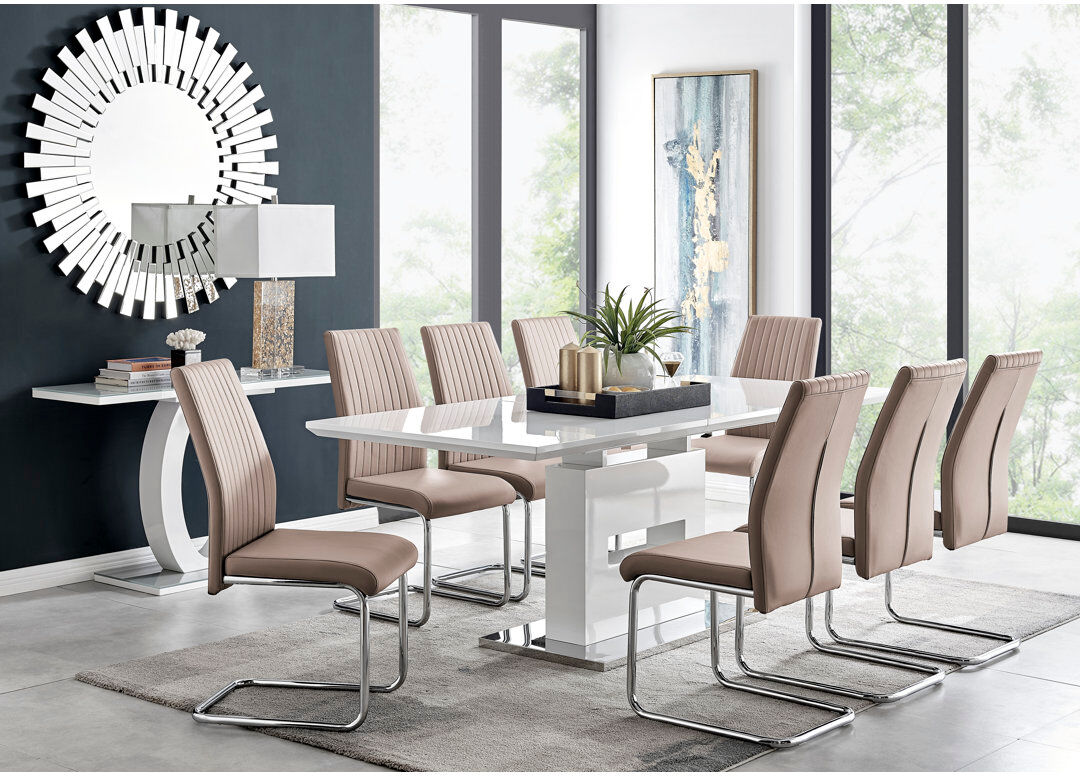 Canora Grey Alezzo Modern High Gloss Extendable Dining Table Set with 8 Upholstered Faux Leather Dining Chairs Cappuccino 8