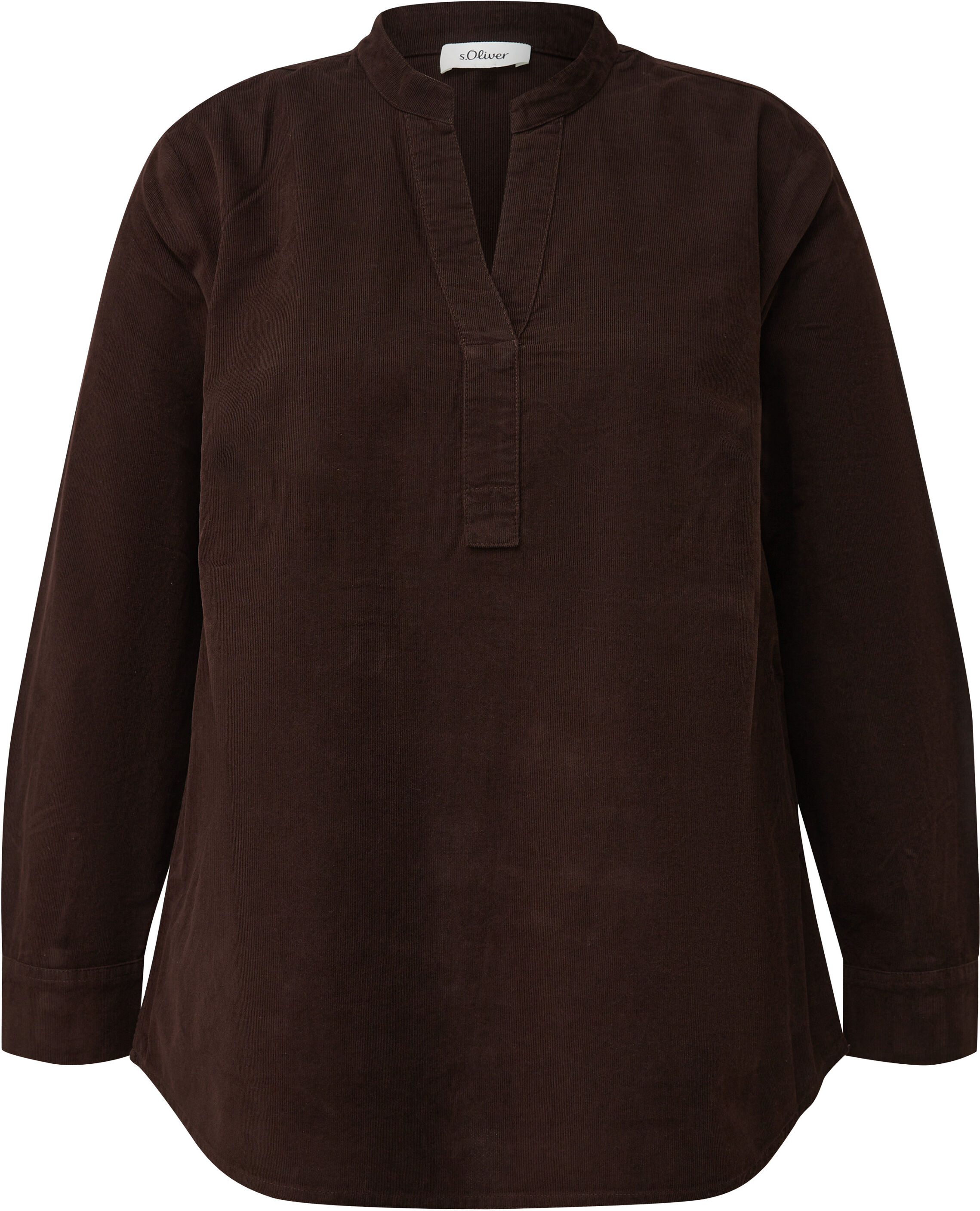 Langarmbluse S.OLIVER CURVE, Damen, Gr. 44, bitter chocolate, Cord, Obermaterial: 68% Baumwolle, 32% Viskose, unifarben, bequem hüftbedeckend, V-Ausschnitt, abgesteppte Kante, Blusen Langarmbluse, Cordbluse im Tunika-Stil / Grosse Grössen bitter chocolate