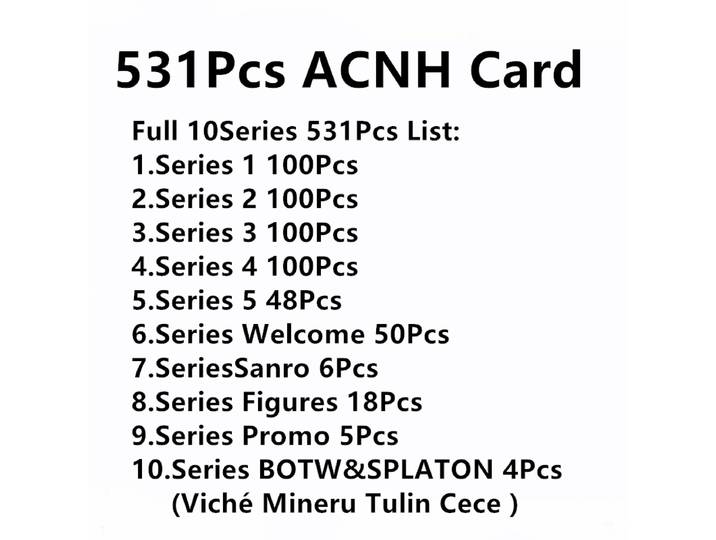 Carte ACNH 531 pièces, ensemble complet, toutes 10 séries, nouvelles données 2026 V3.0, puce Ntag215, Viché Mineru Tulin Cece Mini BIg/Standard Card