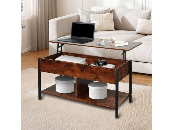 OHMG-Table Basse Relevable-Pour Bureaux Et Salons-Armoires De Rangement Intégrées-Forte Portance-Intégrée-Couleur Bois