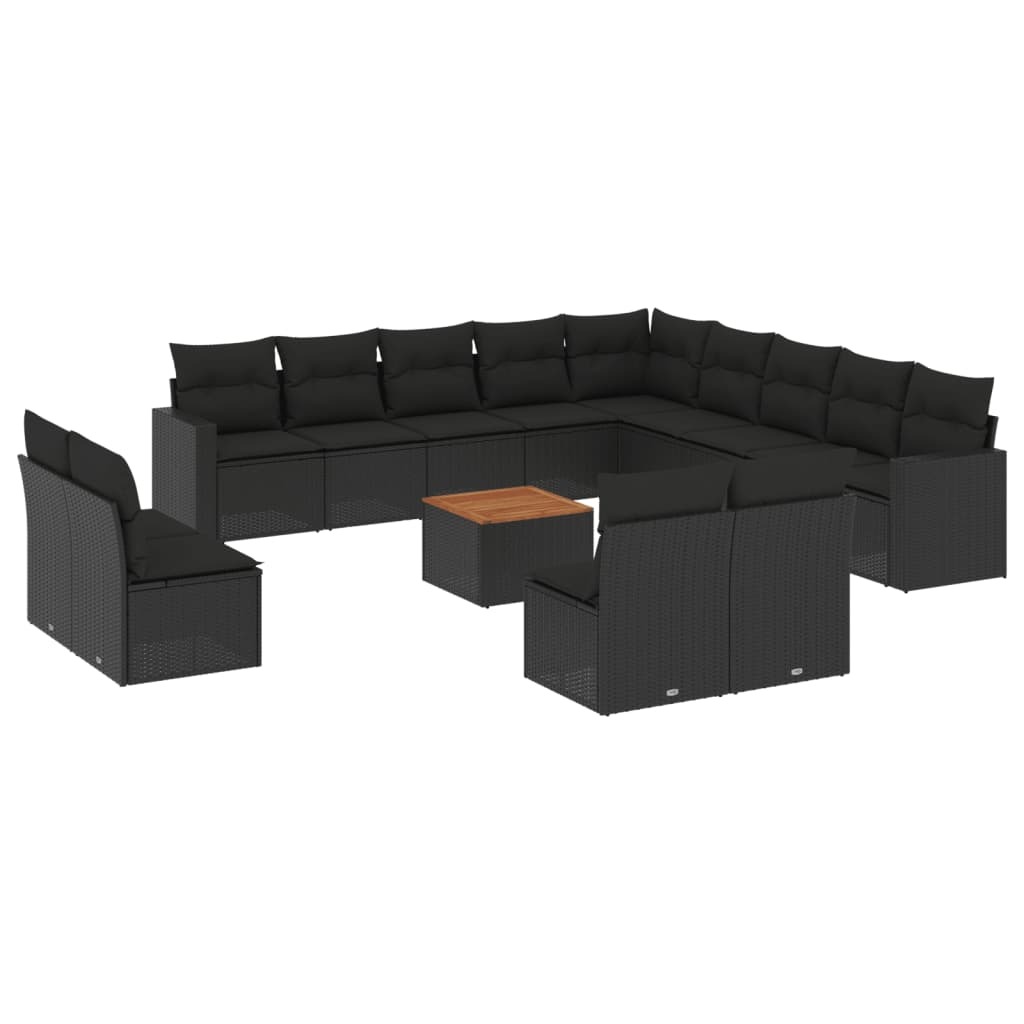Modulare Garten-Lounge-Sitzgruppe 14-tlg., Poly Rattan Schwarz, mit Akazienholz-Tisch & abnehmbaren Kissenbezügen, UV-beständig
