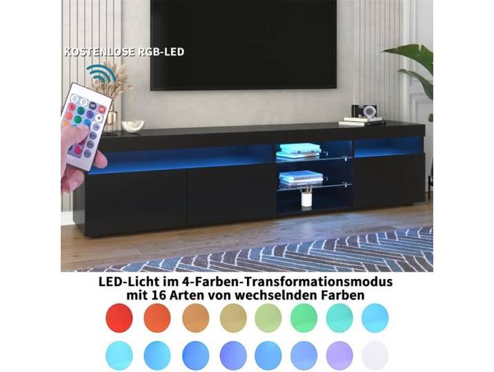 Dripex Meuble TV LED Moderne Meuble TV avec trois portes et étagères en verre 8 compartiments de rangement Noir 180X35X45CM
