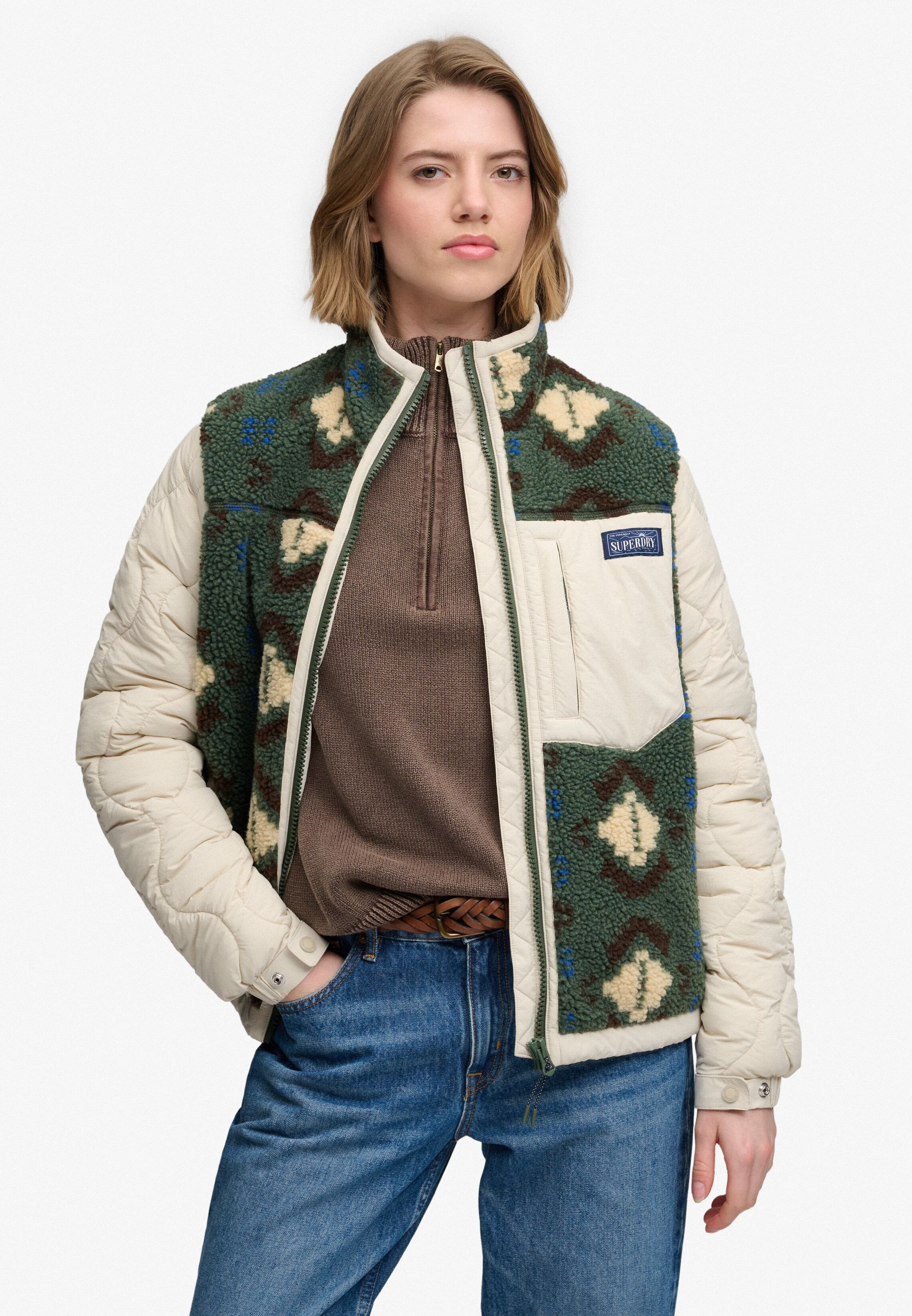 Fleecejacke SUPERDRY "FLEECE ONION QUILT HYBRID", Damen, Gr. XXL, grün (khaki aztec), Fleece, Obermaterial: 100% Polyester, gemustert, relaxed fit normal, Jacken Fleecejacke, Kunstfaser, relaxed fit khaki aztec XXL