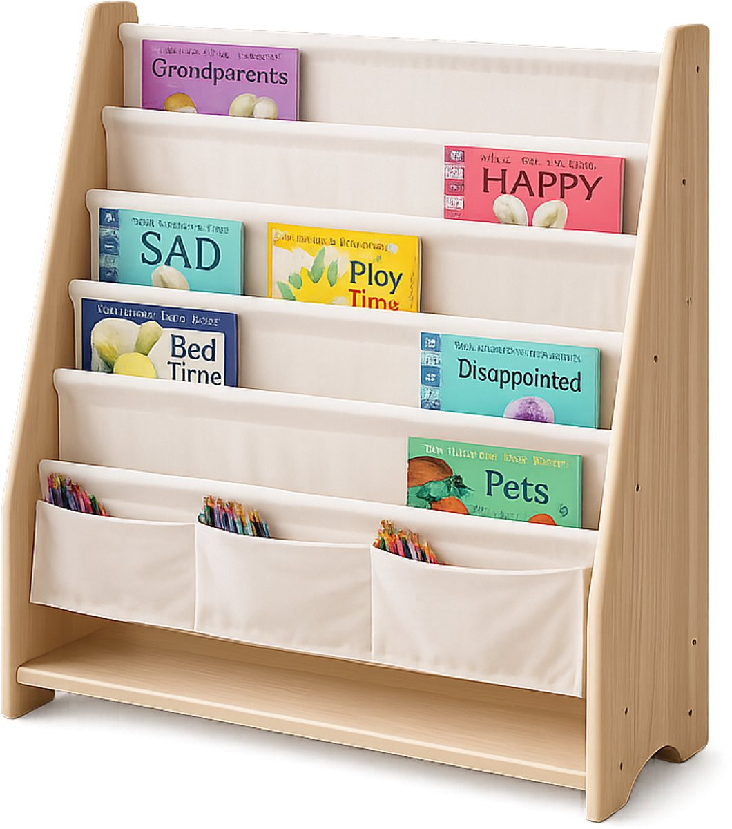 WonderMind Montessori Kinderboekenrek van Massief Grenenhout met Canvas Boekenvakken