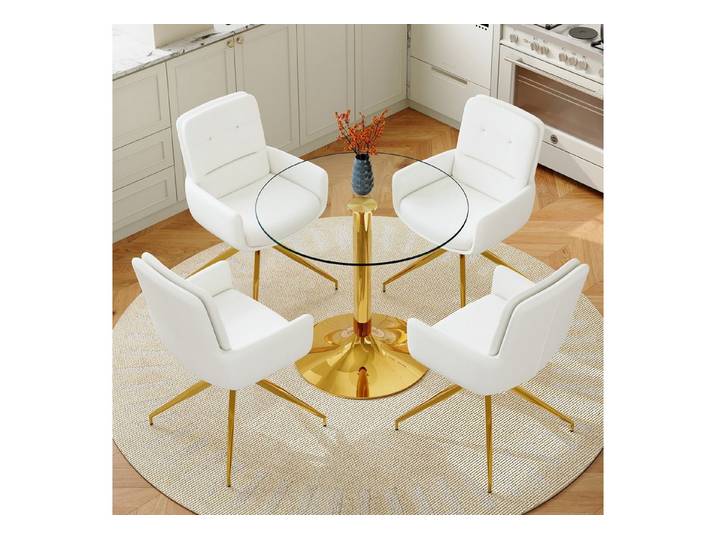 Fine Life Pro Essgruppe Tisch-Set, runder Glastisch, goldene Stütze, 85 cm, 4 weiß-goldene Drehstühle, PU