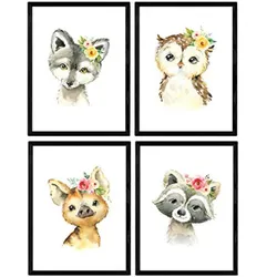 POSTER Set mit 4 Hyena Stinktier Eule Fuchs A3 Schwarzer Rahmen