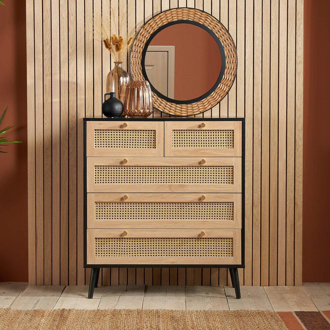 Norden Home Noemi 85 cm W Chest of 5 Drawers Oak/Black 96cm H X 85cm W X 40cm D