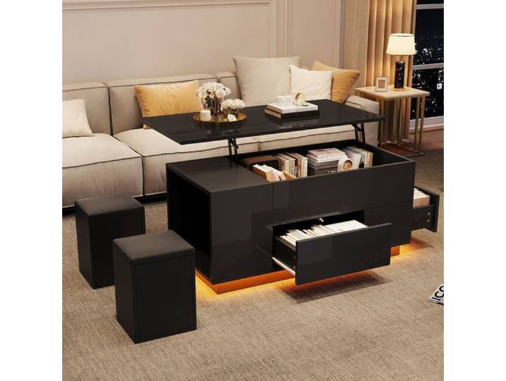 Table basse relevable O.Ye avec éclairage LED table basse brillante avec 2 tiroirs et 2 tabourets table d'appoint ave TABLE BASSE