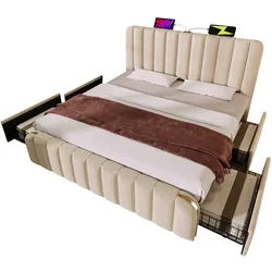 Polsterbett 160x200 USB Typ-C Ladeanschluss 4 Schubladen Lattenrost Stauraum Leinen Metallrahmen Komfort Modern Beige Schlafzimmer