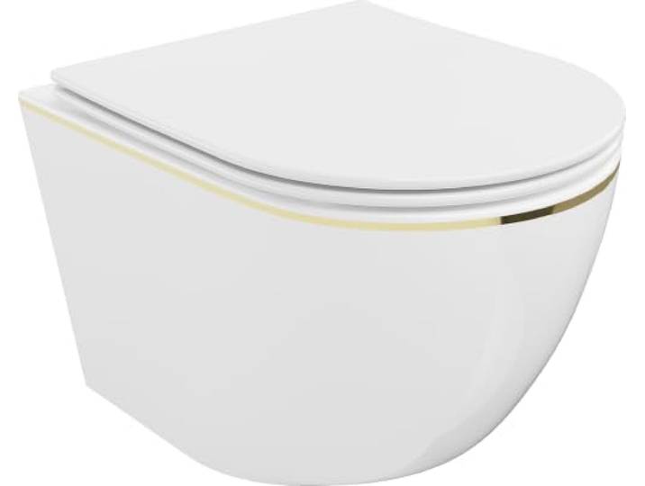 Mexen Lena WC-Schüssel Rimless mit langsam schließendem Slim-Sitz Duroplast weiß/goldene Linie