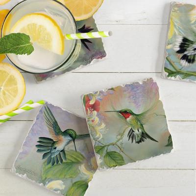 Counterart Absorbent Stone Coaster, Nature's Gift Of Feathers, Set of 4 - 4.02x4.06