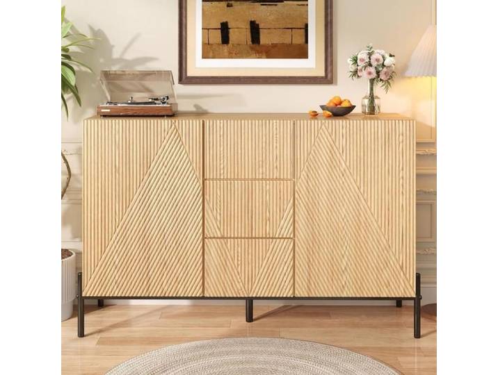 Buffet bas - KOMHTOM - 115 5x40x76cm - Bois massif - Portes géométriques 3D - Tiroir central