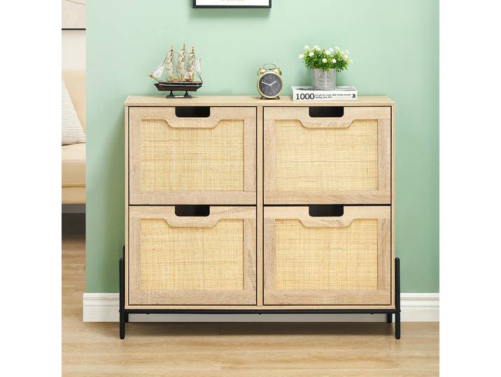 Meuble à chaussures étroit en rotin pour entrée, avec 4 portes battantes, meuble de rangement autoportant pour chaussures, organisateur d'entrée