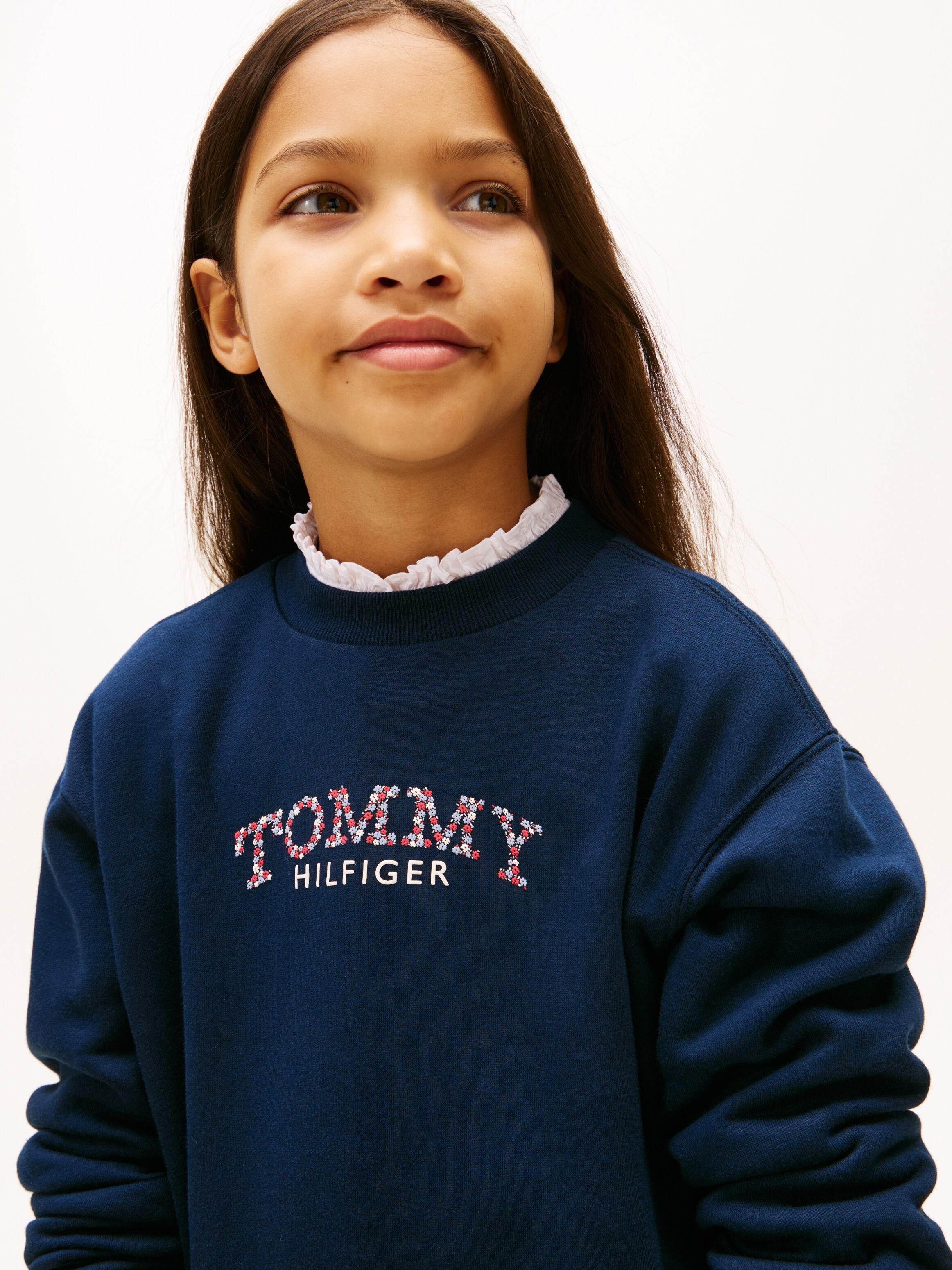 Sweatkleid TOMMY HILFIGER "TOMMY PUFF FLOWER HWK DRESS LS", Mädchen, Gr. 8 (128), N-Gr, Langarm, Web, blau (schwarz night navy), Web, Obermaterial: 80% Baumwolle, 20% Polyester, unifarben, regular fit ca. Mitte Oberschenkel, Rundhals, eingesetzt angesetzt