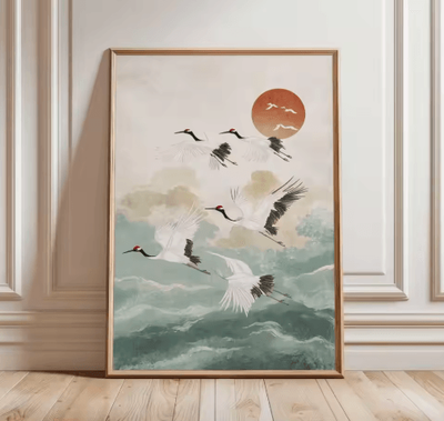 Inspire Picks Japanese Crane Ukiyo e Poster Vintage Red Sun Traditional Wall Art 10 40x50cm Unframed