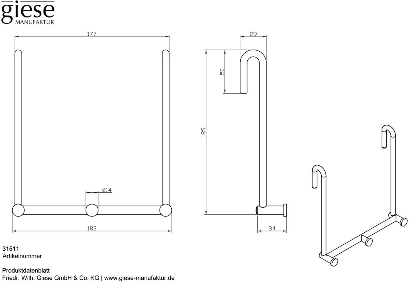 Giese Haken 3 für Glasduschwand, Accessoires, 31511-14, schwarz matt - schwarz matt