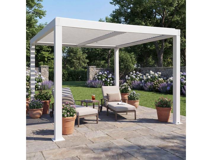 Pergola HWC-L46, Gartenpavillon Lamellen-Pavillon, 11cm-Aluminium-Gestell, Regenrinne sturmfest, 3x3m weiß