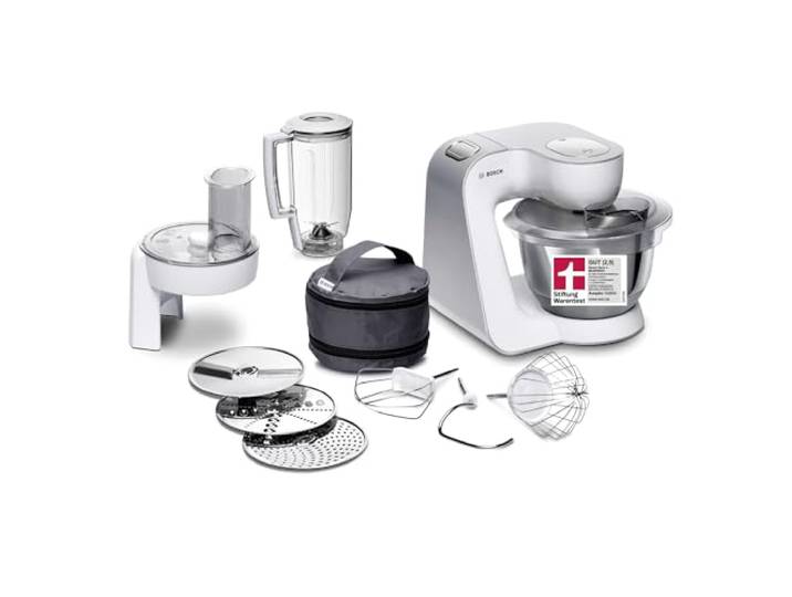 Bosch Küchenmaschine Serie 4, Edelstahl-Schüssel 3,9 L, Knethaken, Schlag- und Rührbesen Edelstahl spülmaschinenfest, Mixer 1,25 L, Durchlaufschnitzler, 3 Scheiben, 1000 W, Weiß, MUM58W20