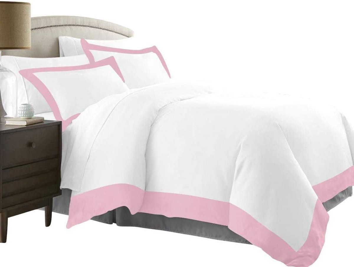 Dekbedovertrek Set Wit/Roze - Katoenen Beddengoed - 200x200 cm