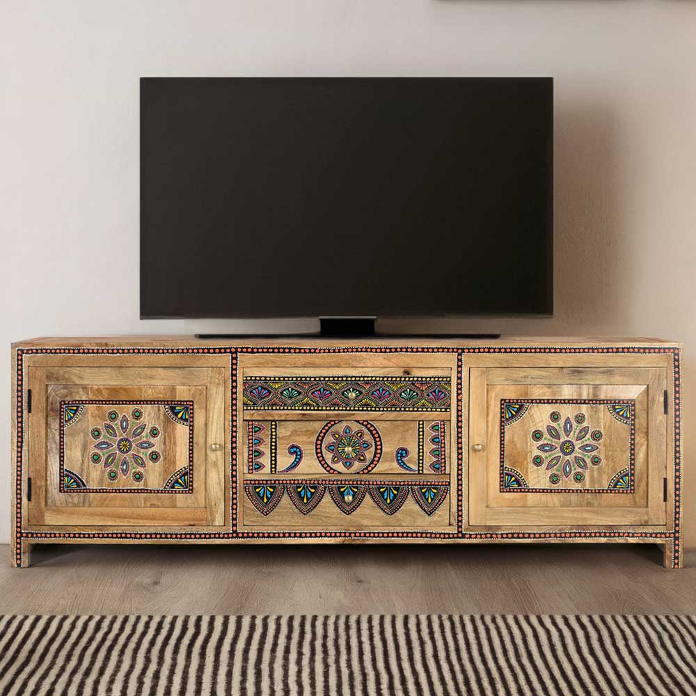 Pharao24.de Lowboard TV Lowboard aus Mangobaum Massivholz handbemalt