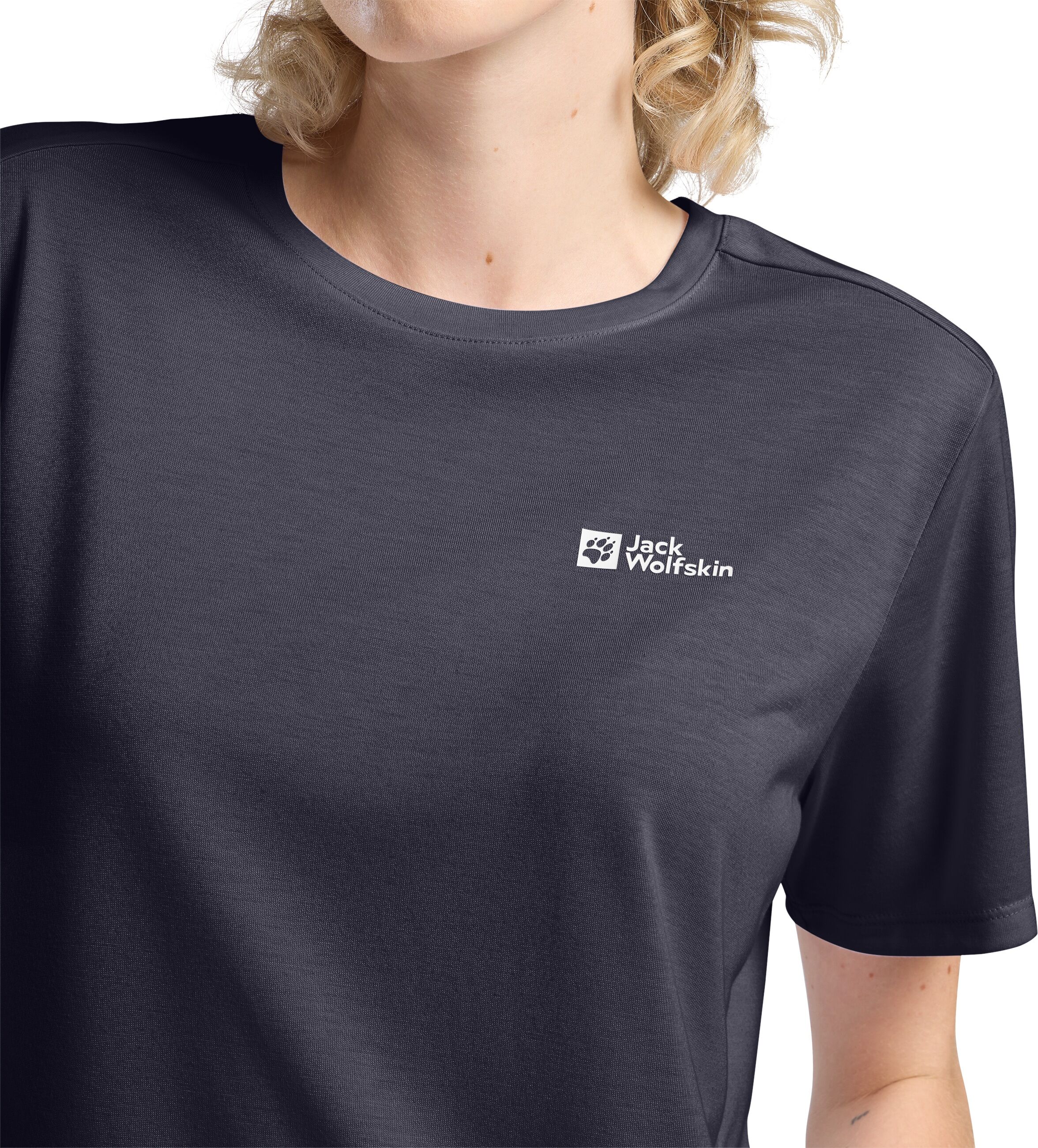 Funktionsshirt JACK WOLFSKIN "VONNAN S/S T W", Damen, Gr. XS, grau (graphite), Obermaterial: 100% Polyester, Shirts Funktionsshirt, leichtes und atmungsaktives TEXADRI-Material, moderne Passform graphite XS